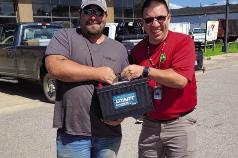 Chad Bonds with Creek Nation Emergency Management donated six battery backups for one of the tornado sirens, and Wetumka replaced six batteries in the other siren last week. Cody Wright, Wetumka Electric dept accepted the batteries. The City of Wetumka wants to thank Bobby Howard with MCN Emergency Management for making this possible.